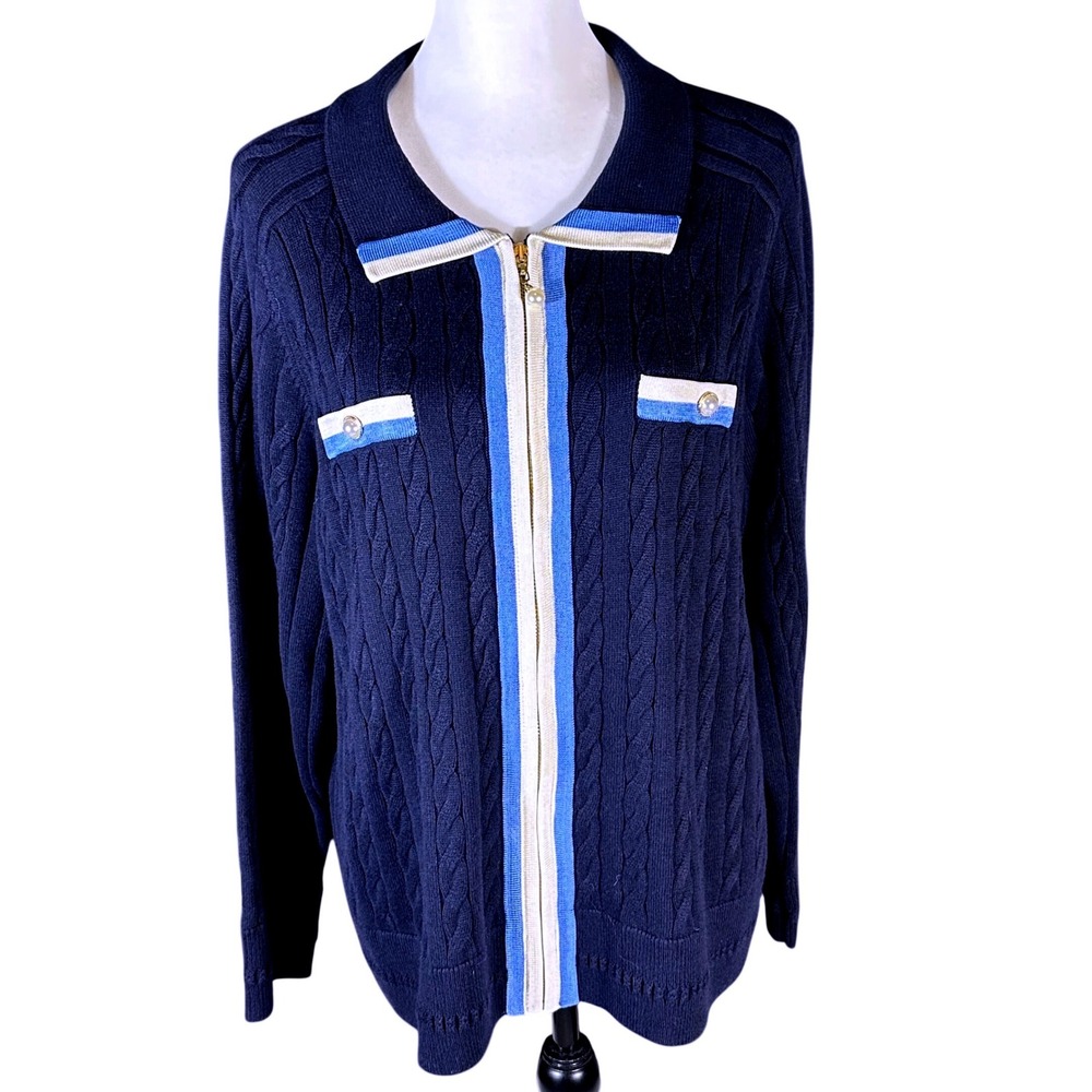 Talbots Cardigan Women 1X Navy Blue Cable Knit Full Zip Pearl Trim Sweater